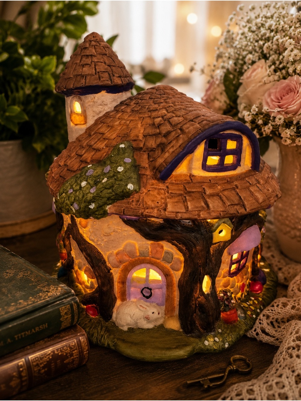 Pacific Rim Imports 4062 Whimsical Bunny Fairy Cottage Lighted Lamp Cottagecore